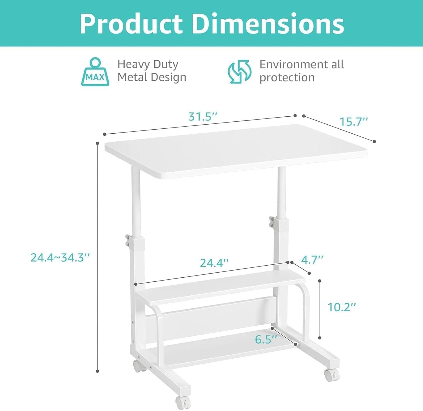 WINAZ Small Portable Laptop Rolling Desk - 32" Mobile Kids Desk with Wheels for Small Spaces, White，31.5"