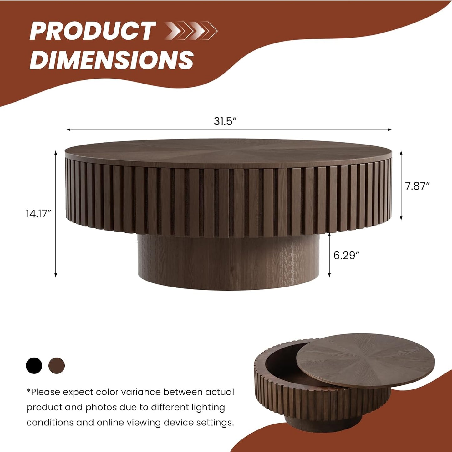 JHKZUDG 31.5'' Round Drum Coffee Table with Hidden Storage (Brown) | Fluted Coffee Table with Solid Wood Veneered Modern Wooden Circle Center Table Tea Table for Living Room Home Office