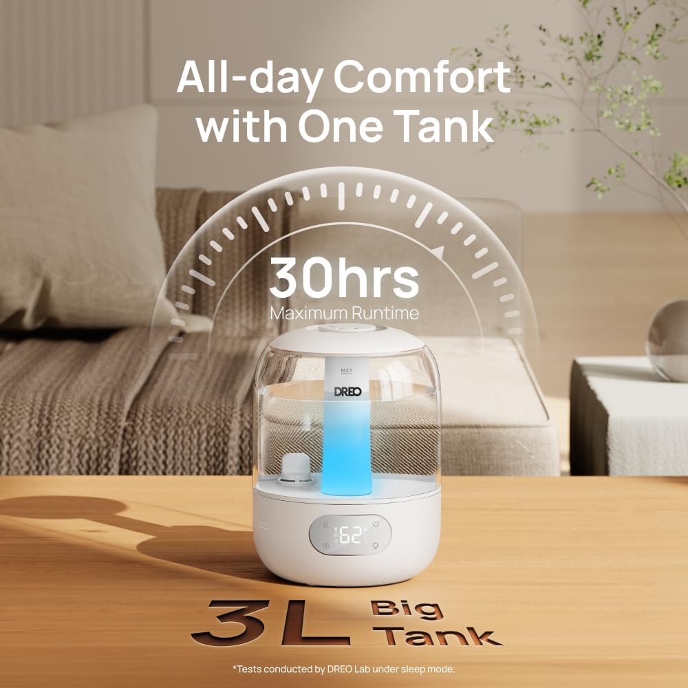 DREO Humidifiers for Bedroom, 3L Top Fill 30H & 26dB Quiet Runtime for Large Room, Cool Mist Ultrasonic Humidifier with Humidity Sensor, Night Light for Home, Baby, Nursery, Plants, New Edition