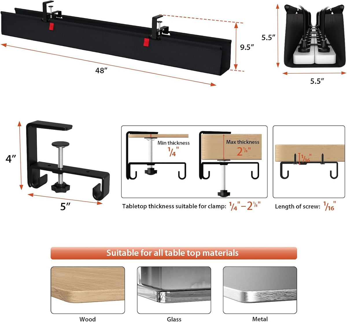 Univivi No Drill Under Desk Cable Management Tray, 48 inch Cable Management