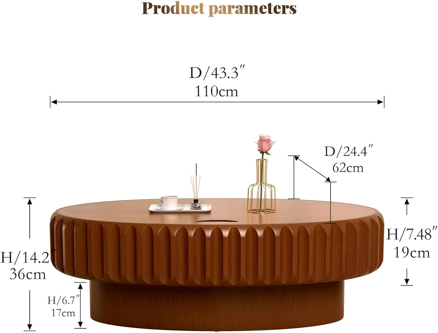 43.3'' Oval Coffee Table with Storage for Living Room, Brown | Mid Century Modern Fluted Drum Wood Coffee Tables with Lid, Sturdy Pedestal Center Tables for Apartment, Easy Assembly