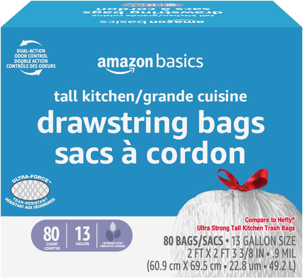 Amazon Basics Ultra-Force Tall Kitchen Drawstring Trash Bags, Classic Clean Scented, 13 Gallon, 80 Count with Odor Control
