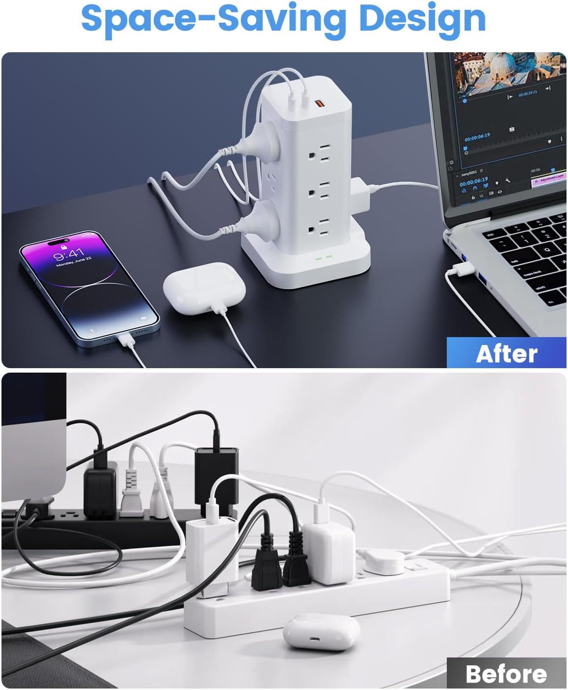 Power Strip Tower with Surge Protector 1800J, Fast Charging Tower PD20W USB-C Ports with 12 AC Outlets, 10ft Extension Cord for Home Office Dorm Room, White