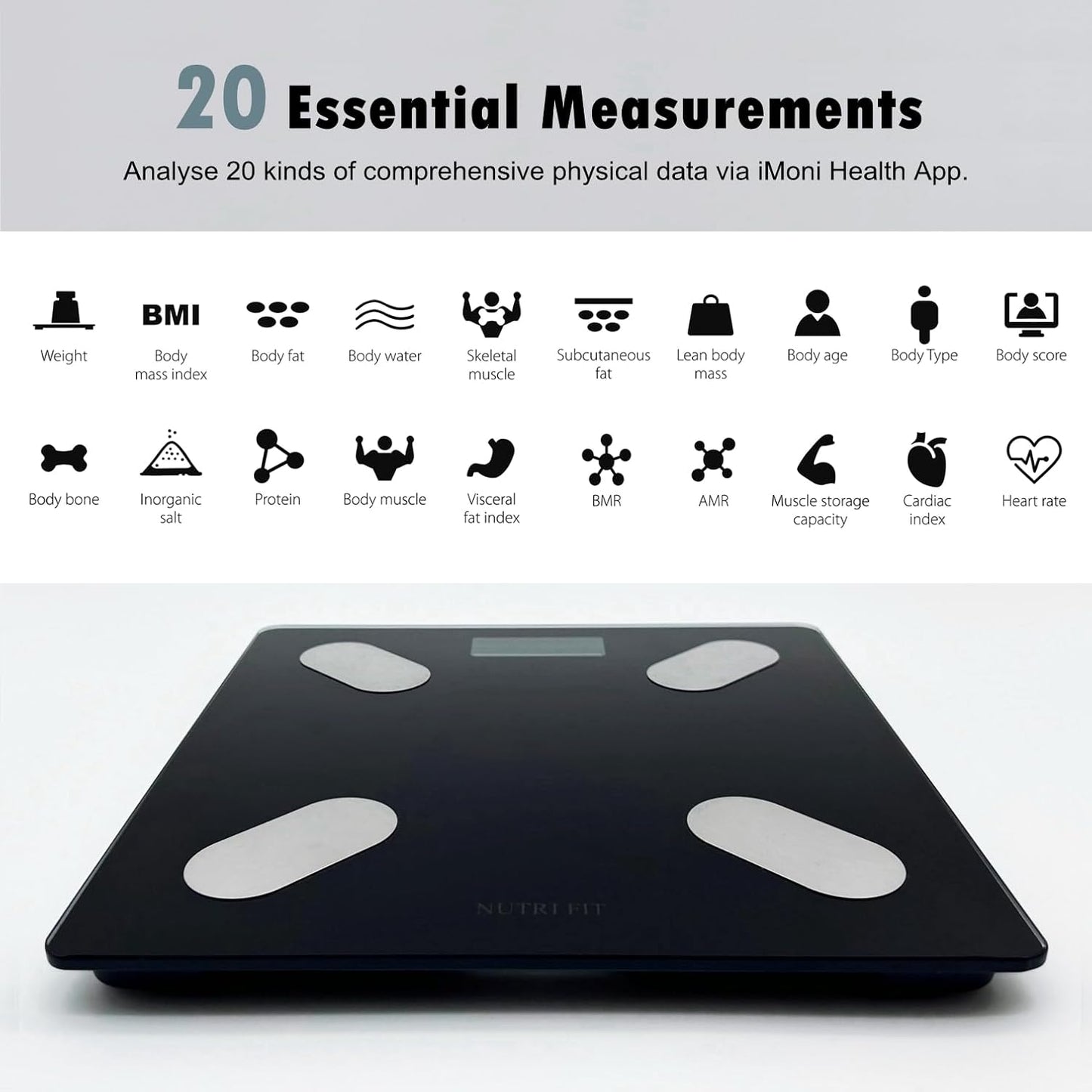 NUTRI FIT Smart Scale for Body Weight Body Composition Monitor, Bathroom Digital Weighing Scale with BMI, Body Fat, Muscle Mass, Accurate Bluetooth Home User Health Equipment Sync Apps