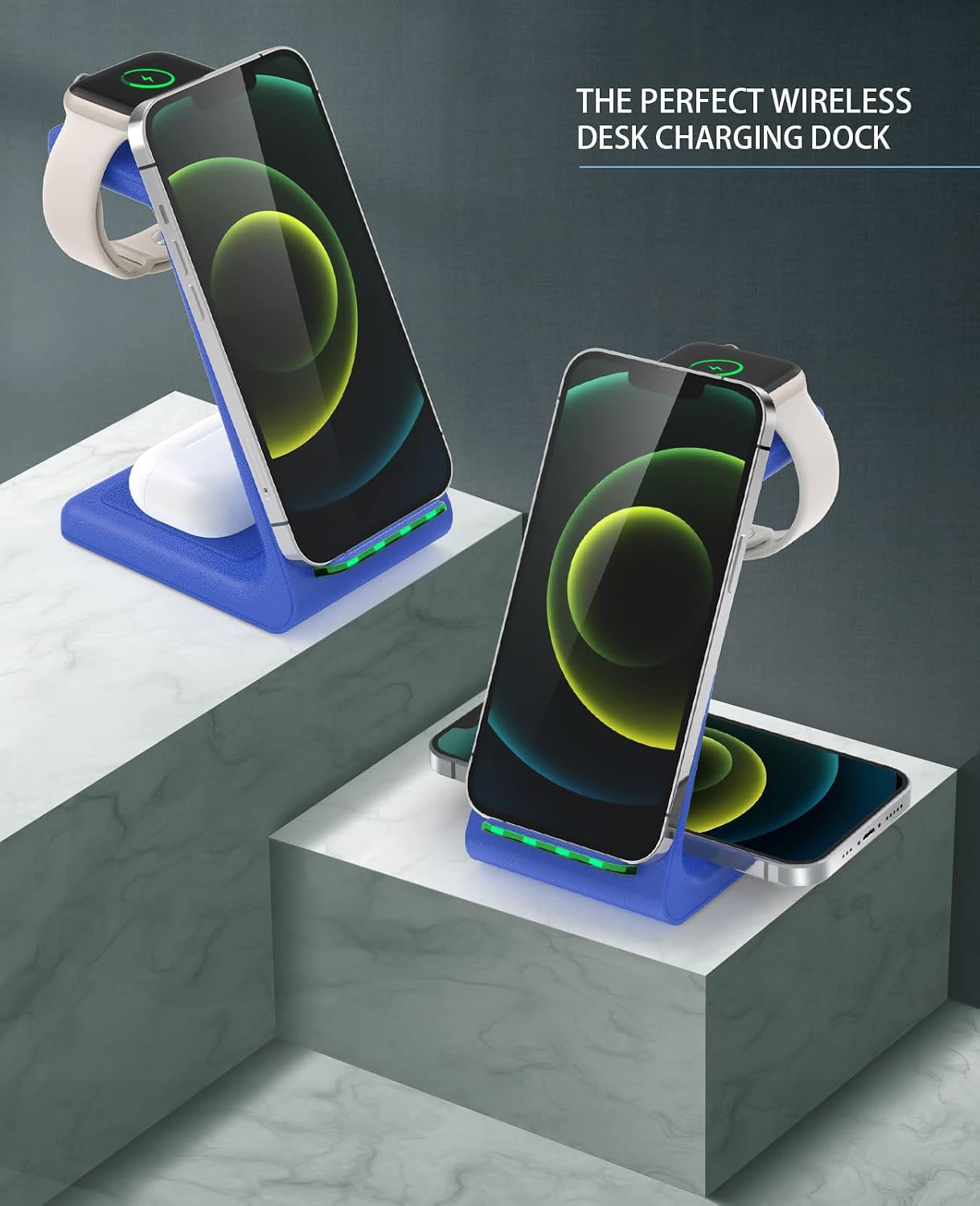 3 in 1 Wireless Charging Station, 2026 Upgraded Fast Desk Charger Station for iPhone 17 16 15 14 13 12 Pro Max Plus, Charger Stand for Apple Watch 10 9 8 7 6 5 4 3 2 SE, Airpods 4 3 2 Pro(Blue)
