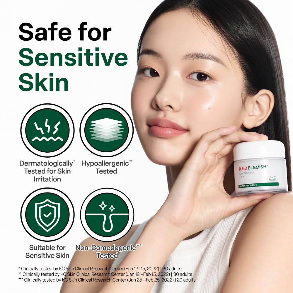 Dr. G R.E.D. Blemish Clear Soothing Cream - Calming Korean Moisturizer for Redness - Soothes Acne & Irritation - With Centella Asiatica - Long-Lasting Hydration - 2.36 fl oz