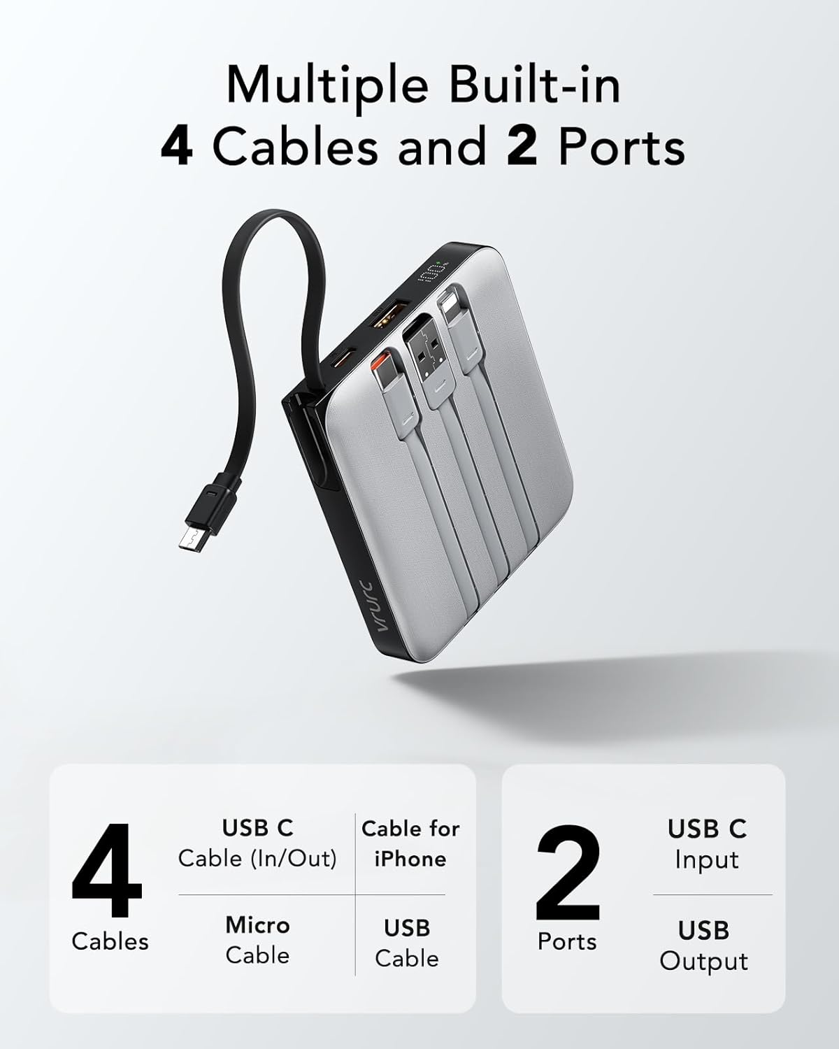 VRURC Portable Charger with Built-in Cable, 10000mAh 22.5W Fast Charging USB C Battery Pack, Cell Phone Power Bank for iPhone 17 16 15 Series Android Tablet (Grey)
