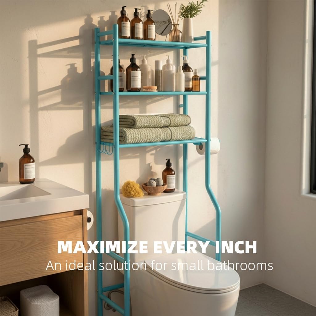 GloTika 3-Tier Over Toilet Storage with Anti-Tilt Safety System - 150lb Total Capacity Metal Bathroom Shelves Including Paper Holder & 4 Hooks, Space Saving Above Commode Organizer (64" H, Blue)