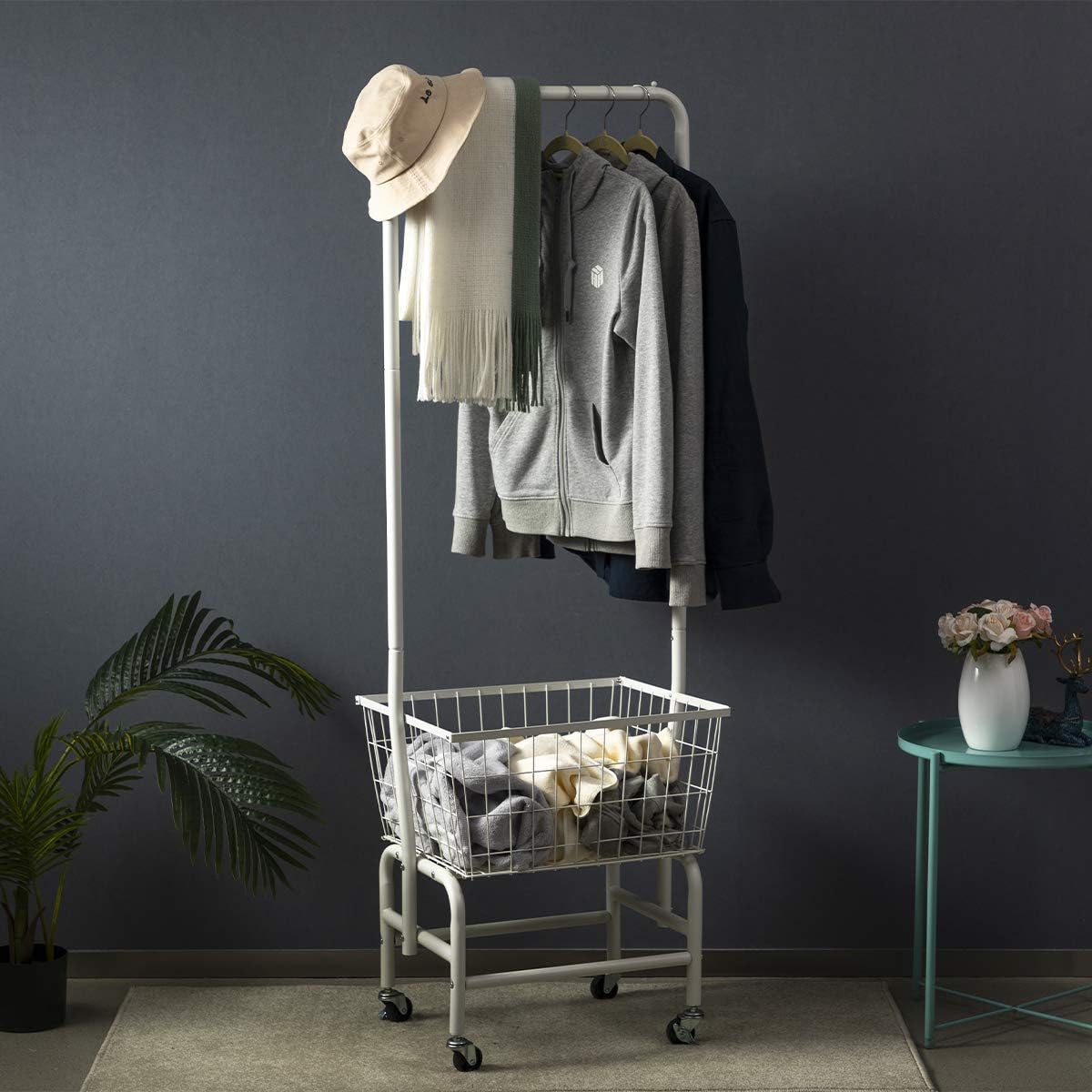 ALIMORDEN Laundry Cart with Clothes Rack, Rolling Laundry Butler with Wire Storage Rack，White