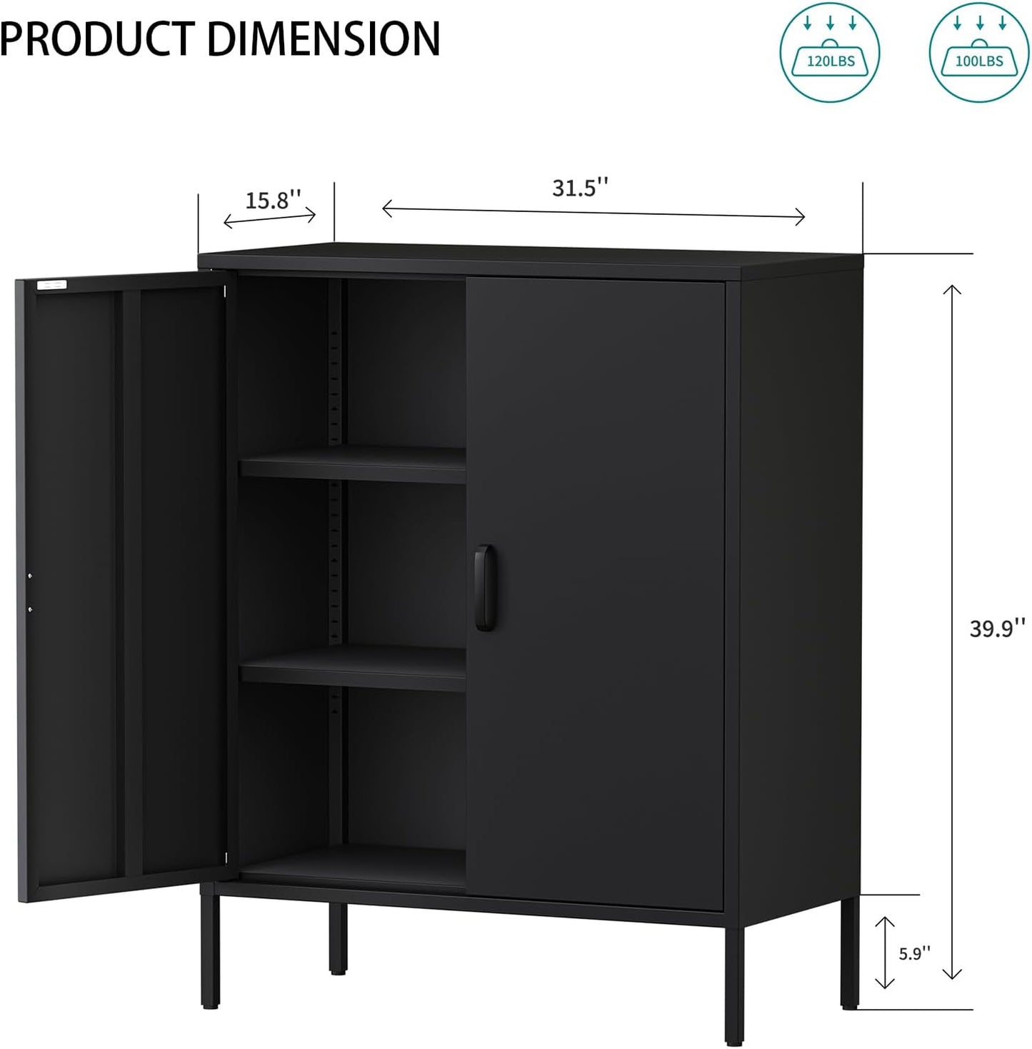 Metal Locker Storage Cabinet, Accent Sideboard Cabinet with Adjustable Shelves for Home Office, Garage, Kitchen, Living Room (Black, 40" H-Metal Doors)