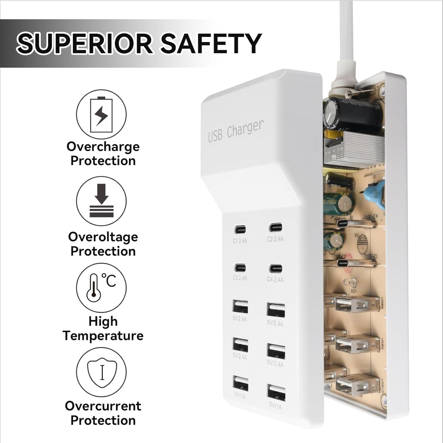 USB Charging Station with 6 USB-A and 4 USB-C Ports, 50W 10A USB Charger Block for Smart Phone, Tablet, Laptop, Multiple Devices - USB Power Strip with Auto-Detect Technology