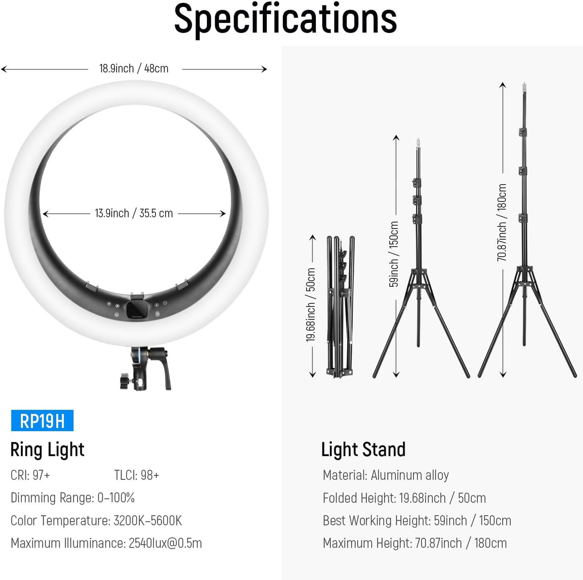 NEEWER 19 inch 2.4G Ring Light with Stand, 3 Phone Holders, 2.4G USB Transmitter for Mac/PC Remote Control, Touch Panel, Smooth Dimming at 1%, 3200K-5600K for Selfie TikTok Live Streaming Zoom, RP19H