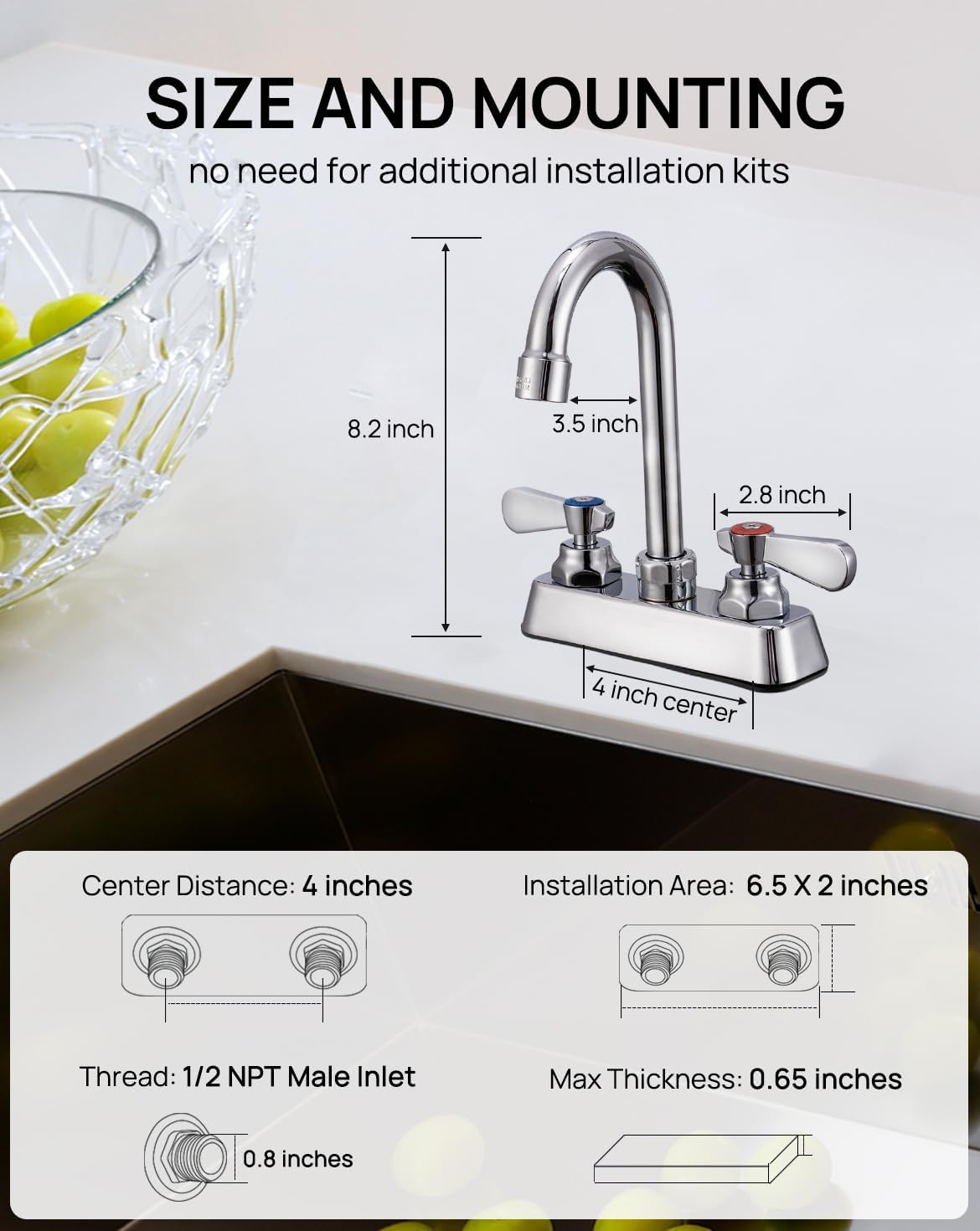 Leak-Free Commercial Sink Faucet 4 inch Center 2 Hole, Commercial Handwash Sink Faucet 3-1/2" Gooseneck Deck Mount, Laundry Tub Utility rv Bar Sink, Brass