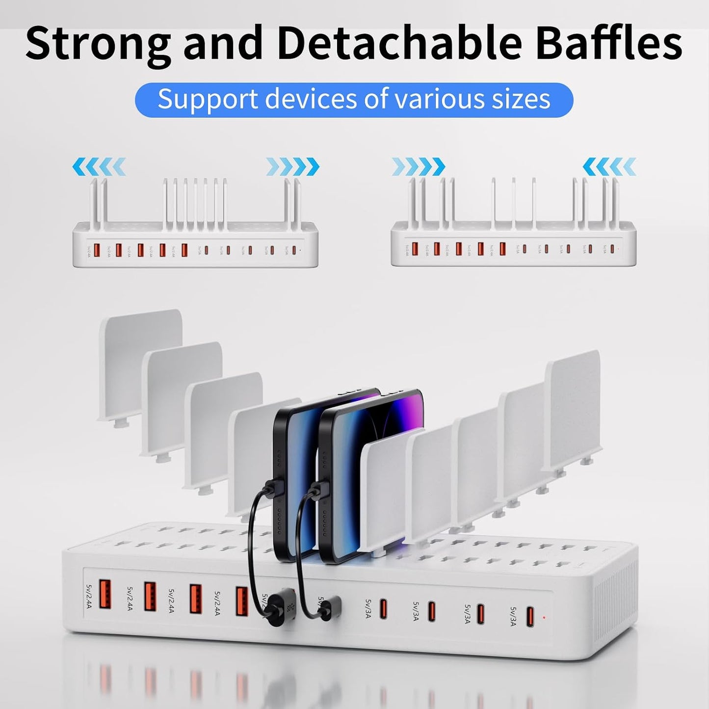 60W Charging Station for Multiple Devices, 10-Port USB Fast Charger | Device Organizer Charging Dock with 10 Mixed Charging Cable & Adjustable Dividers for iPhone, Android, iPad, Tablets & More