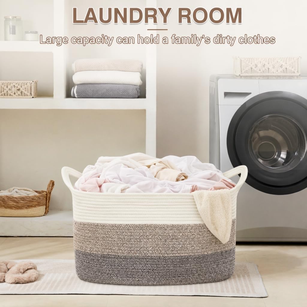 YOUDENOVA Large Blanket Basket, Rectangle Cotton Rope Storage Baske | Nursery Laundry Hamper for Storage Clothes Organizing, 21.6''×14.9''×11.8'' Woven Basket, Dirty Clothes Organizer Bins