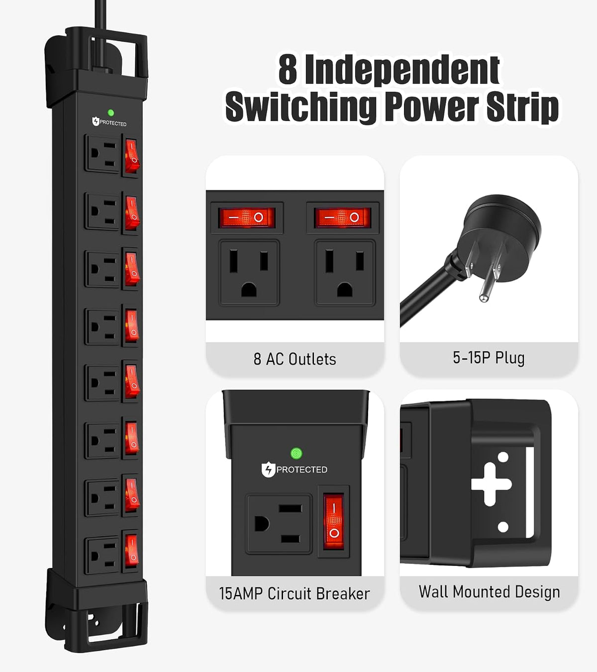 HEZI Heavy Duty Power Strip with 8 Outlets,1200J Surge Protector,Black,6FT