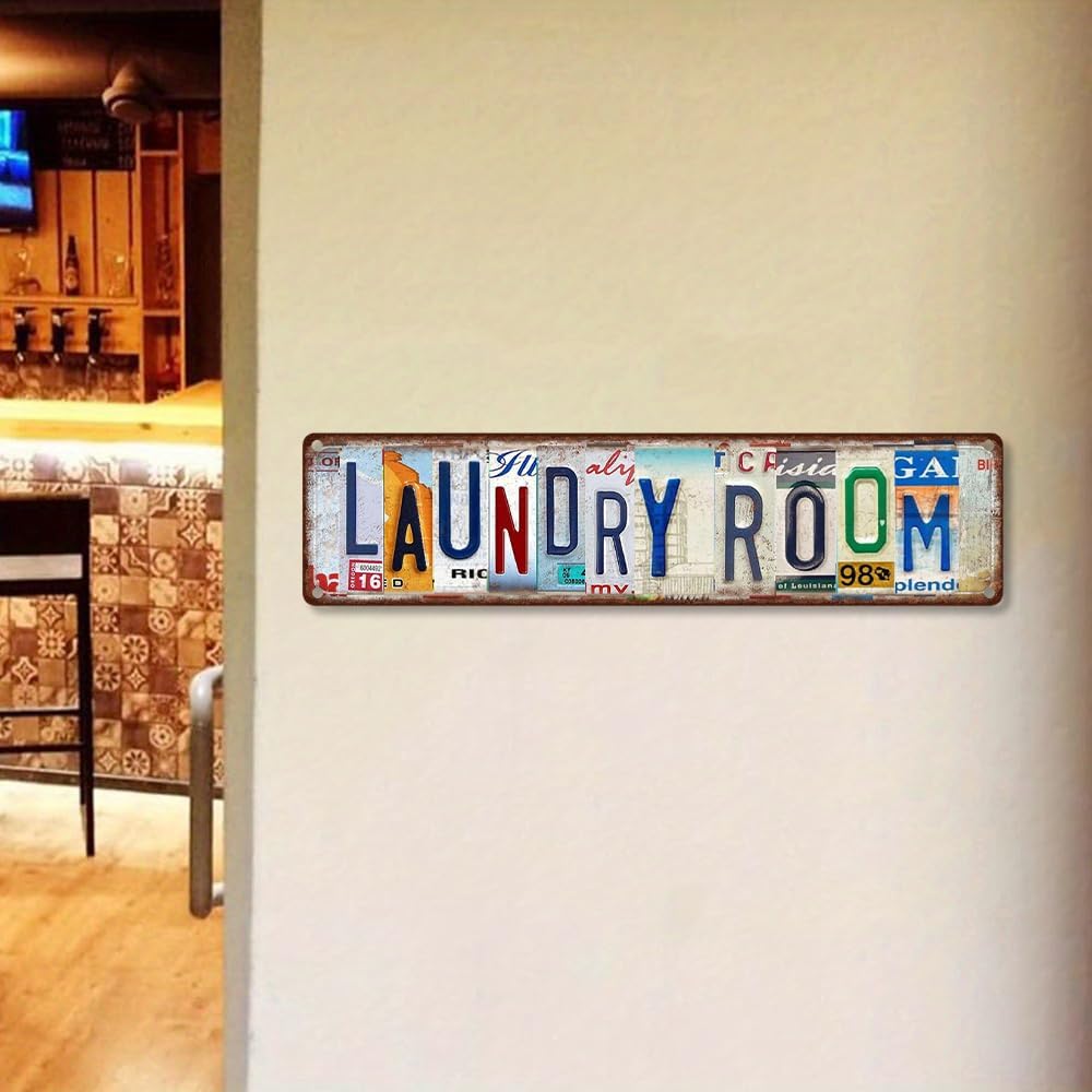 Vintage License Plate LAUNDRY ROOM Sign – 16x4 Inch Rustic Tin Wall Décor for Laundry Area, Utility Room, Farmhouse, Mudroom or Home Washroom