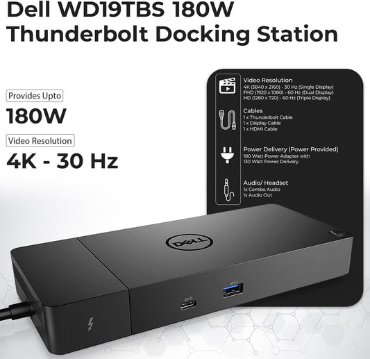 Dell WD19TBS Thunderbolt Dock Bundle - 4K Display, 1 Year Warranty, Dell Docking Station Dual Monitor with 180W Adapter, Anyhdd HDMI, DisplayPort, Thunderbolt Cable - Laptop & Computer Docking Station