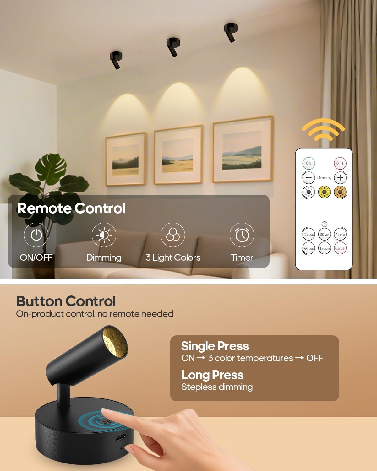 GOODEA Spotlights Indoor with Remote, 3000mAh Rechargeable Battery Plant Spotlight Indoor, Wireless Uplighting with 3 Colors & Dimmable, LED Picture Light for Painting, Artwork Accent Lighting(2 Pack)