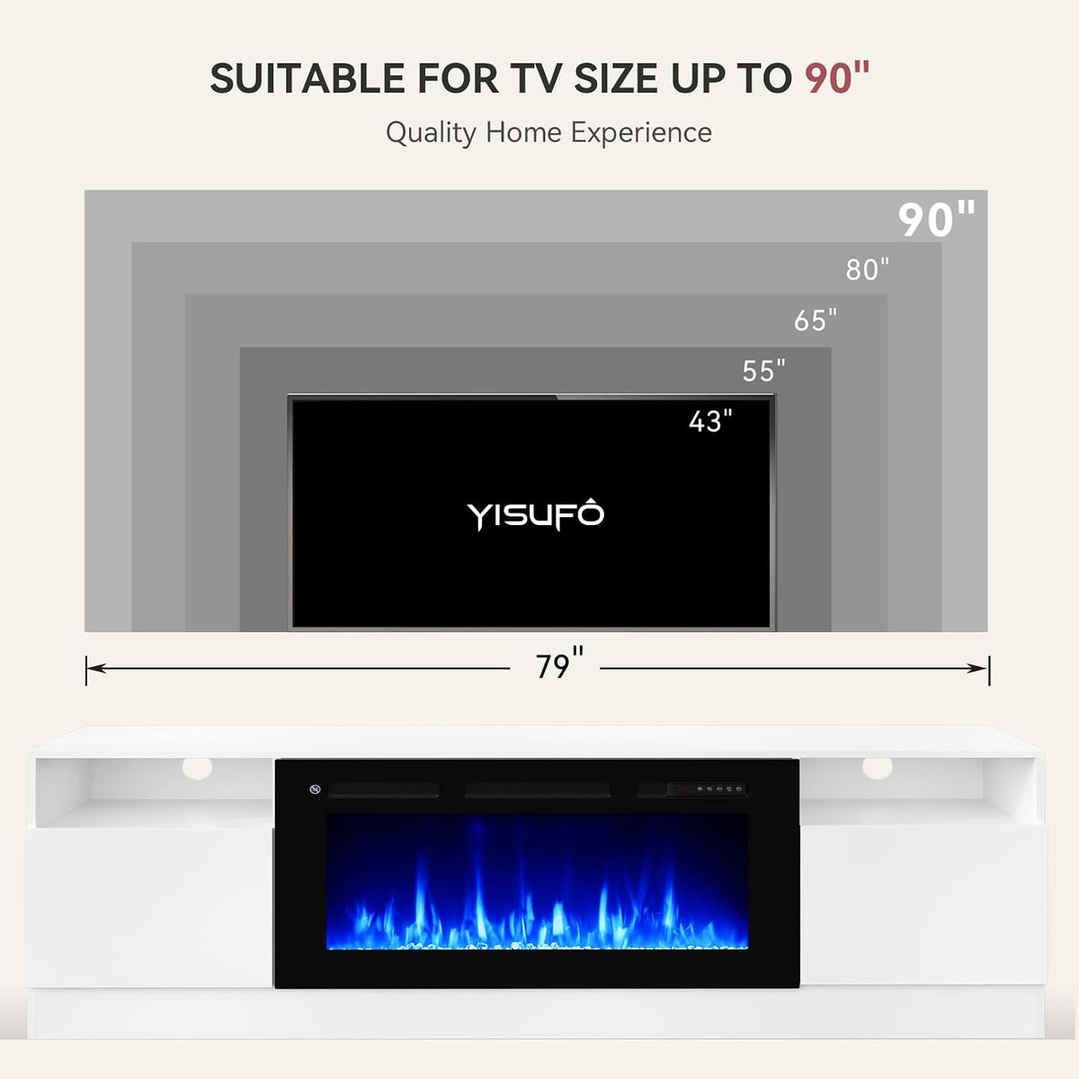 80” TV Stand with 36” Electric Fireplace, Large Modern Media Entertainment Center with Storage Cabinet and 12 Colors LED Lights for TVs Up to 90",White and Black