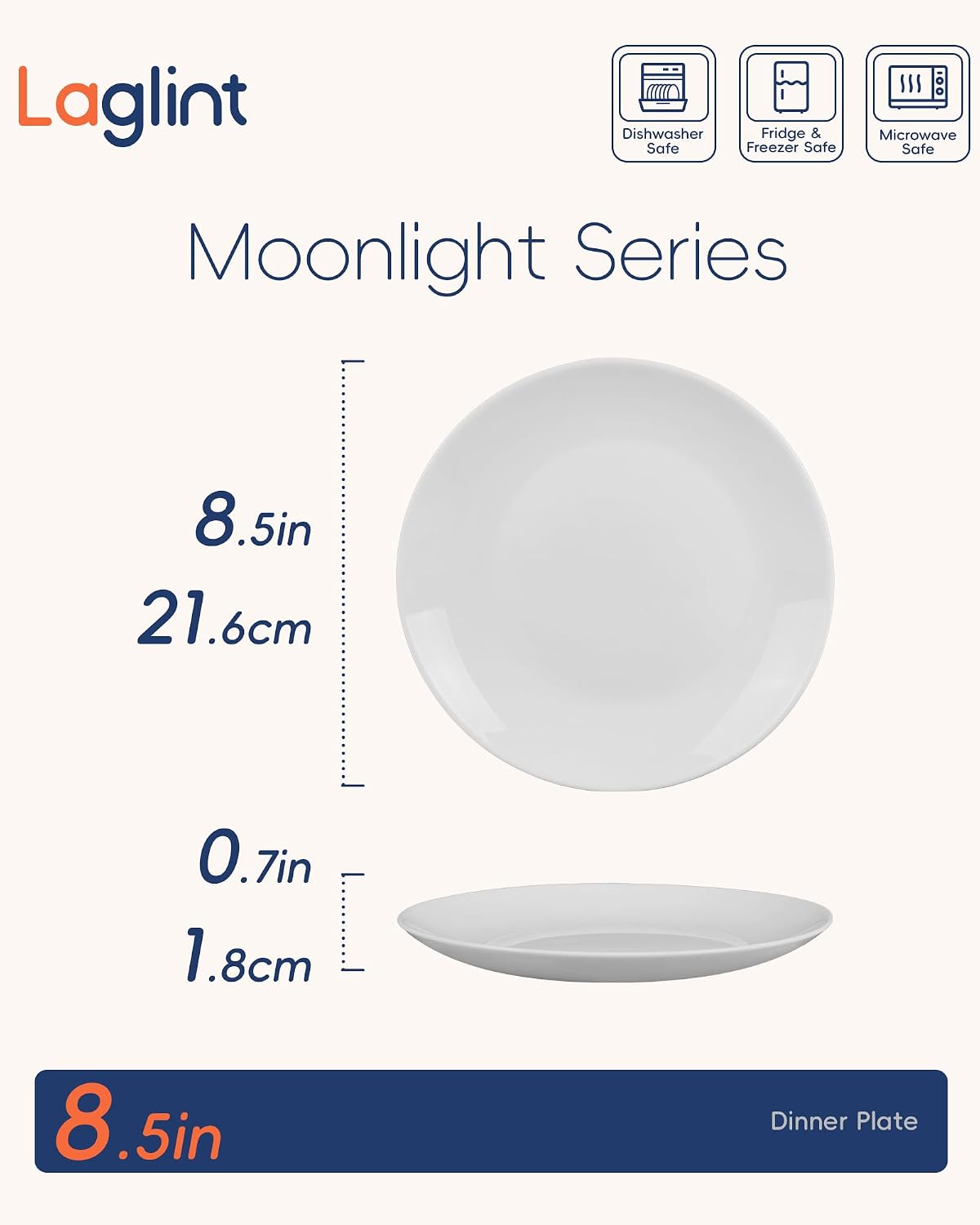 LaGlint 8.5 Inch Salad Plate Set of 6, White Opal Glass Round Plates