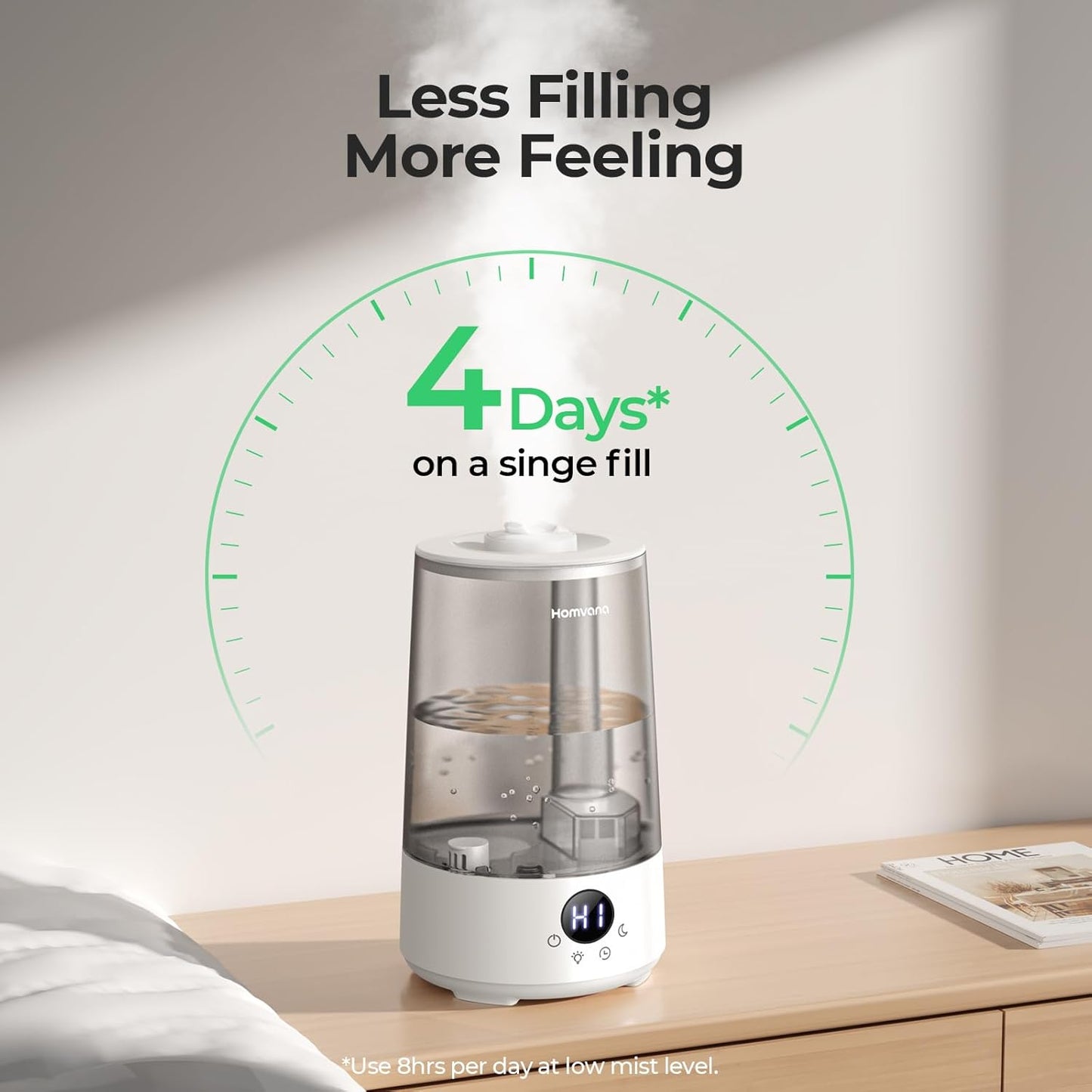 Homvana Humidifiers for Bedroom Home, 3.6 L Cool Mist Top-Fill 34H Super Long Time, Quiet 23dB, Baby Humidifier, Oil Diffuser for Large Room, House, Plant, Nursery, Office, BPA FREE, Ultrasonic (Grey)
