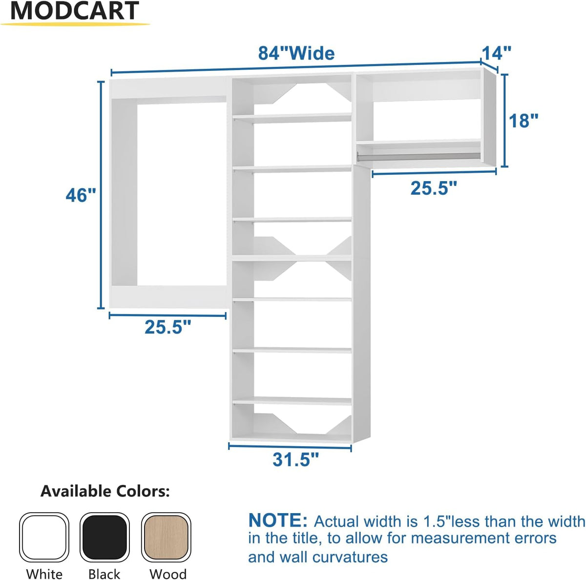 Modular Closet, 84" Wide Organizer with Towers and Hanging, Wood Tower Storage for Walk-in Closets, Wall-Mounted Wardrobe Organizer Kit, White