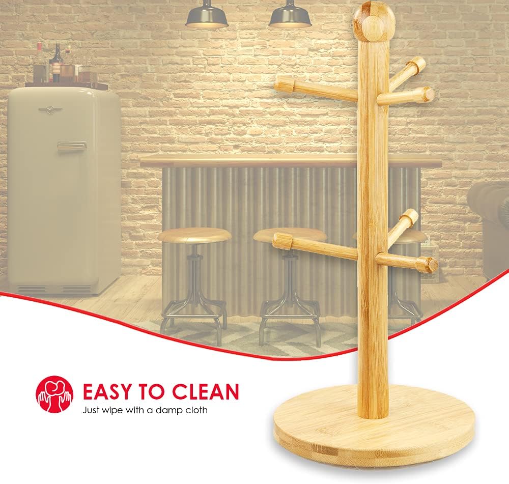 Home Basics Bamboo Mug Tree, Holds Up to 6 Coffee Cups, Free Standing, Circular Base, Kitchen Countertop, Beige (1)