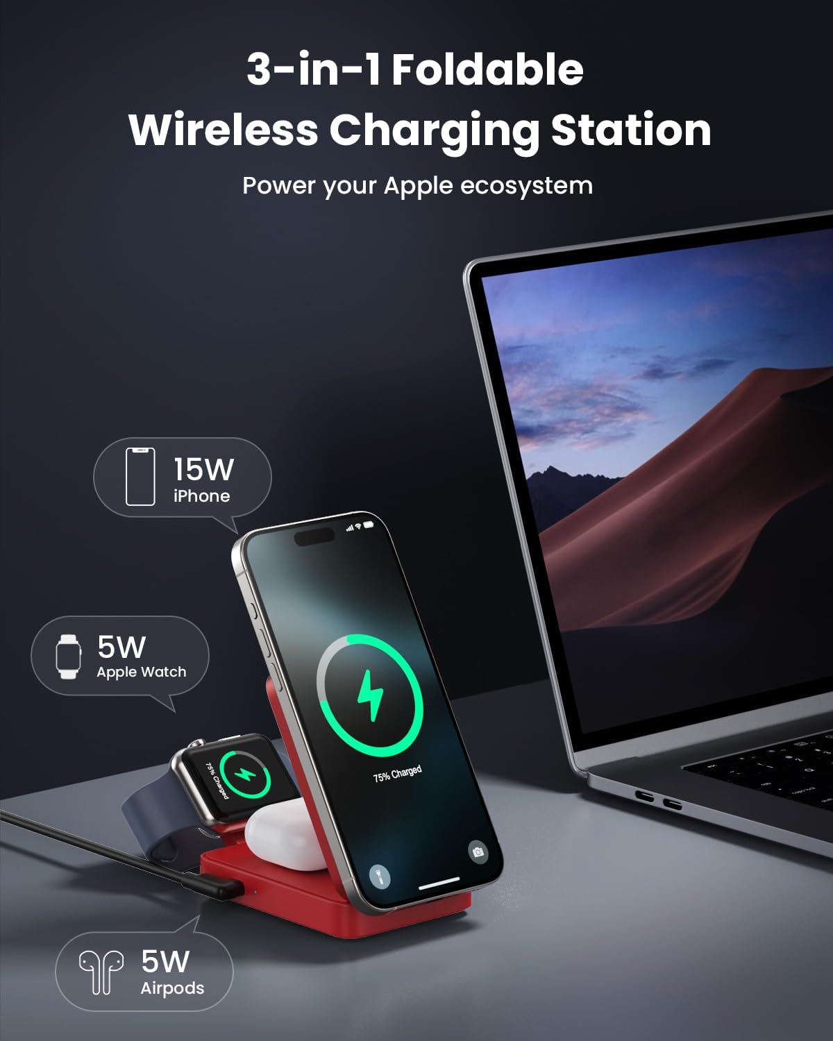3 in 1 Wireless Charger Charging Station for iPhone,Travel Foldable Magnetic 15W Fast Wireless Charger Stand for Mag-Safe with 30W USB C Adapter for iPhone 17/16/15/14/13/12,Apple Watch,AirPods