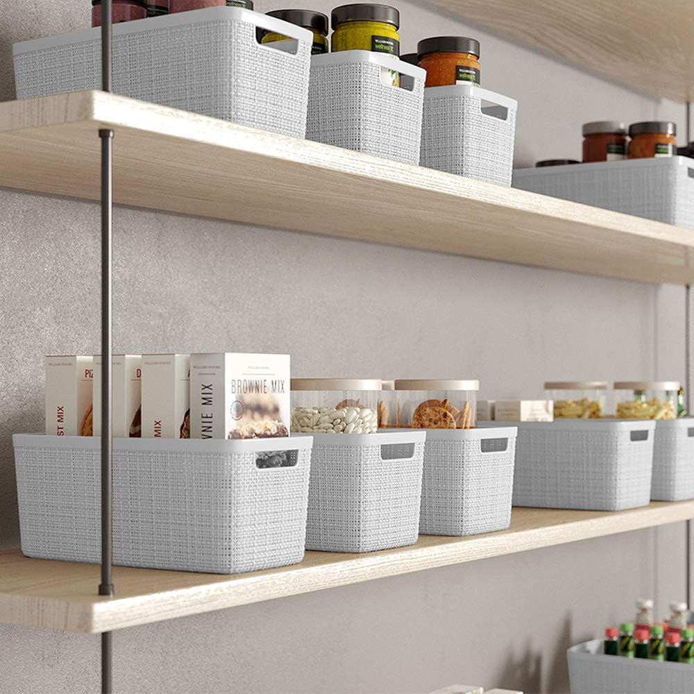 Curver Set of 8 Slim 6.8L Jute Decorative Plastic Organization and Storage Baskets - Perfect Bins for Home Office, Closet Shelves, Kitchen Pantry and All Bedroom Essentials, White