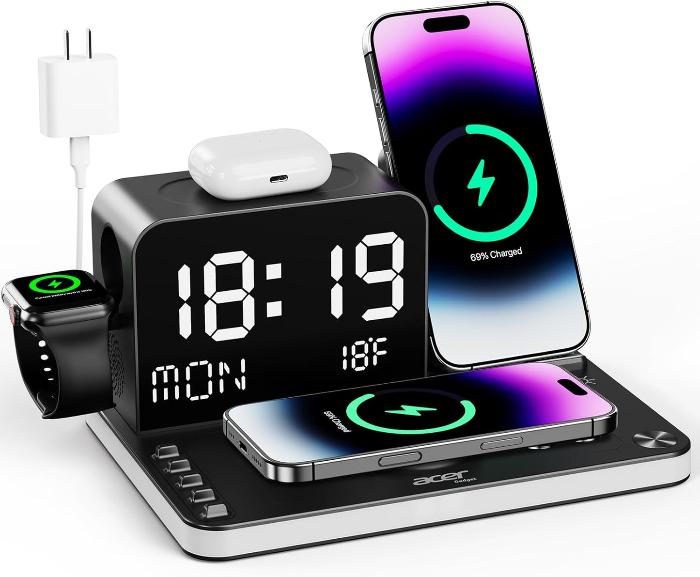 Acer Gadget 7-in-1 Wireless Charging Station Charger Stand for Multiple Devices for Apple - iPhone 17 16 15 14 13 12 Pro Max Apple Watch Airpods, Wireless iPhone Charger Station with Bluetooth TimeSyn