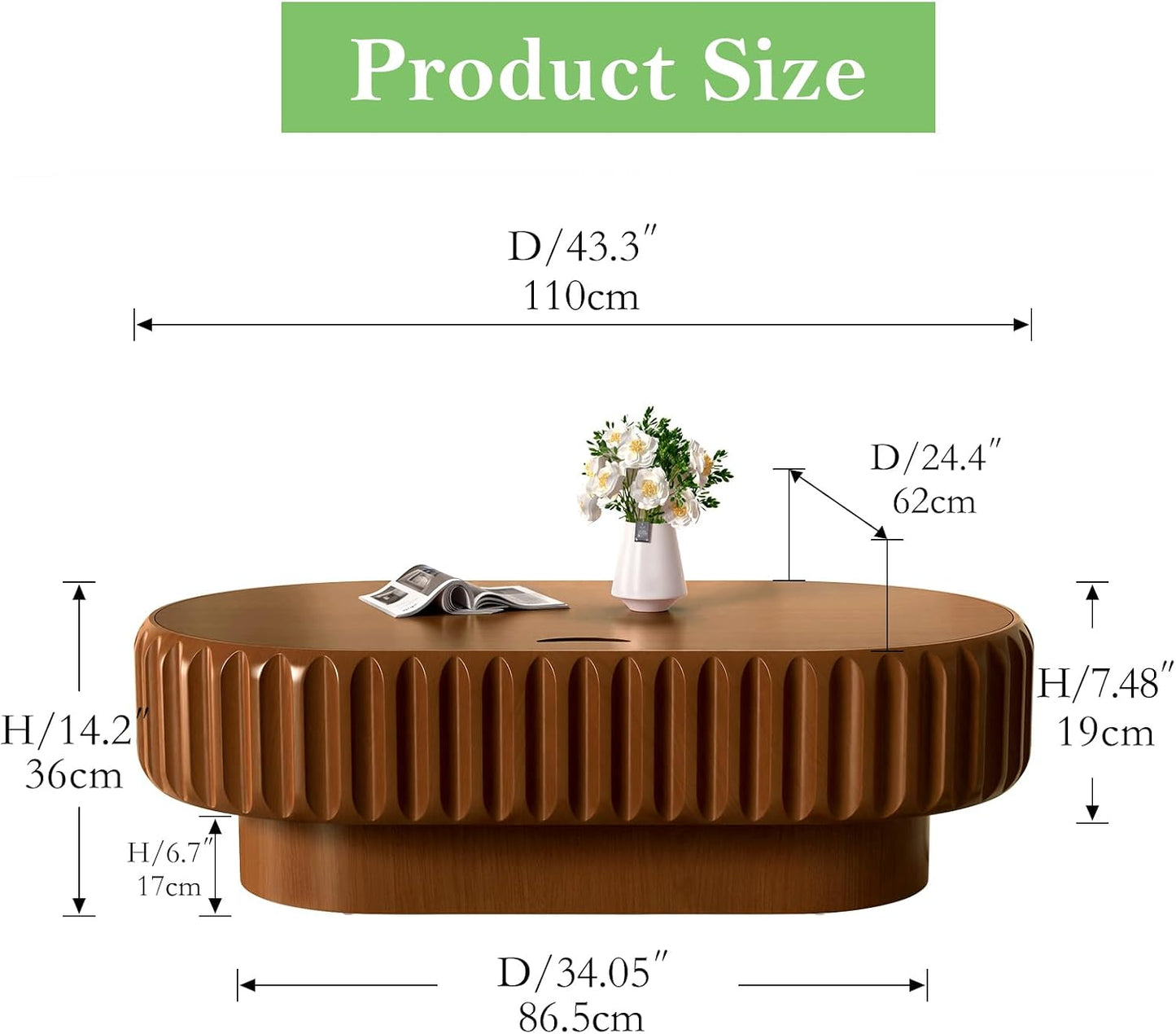 43.3" Oval Drum Coffee Table with Storage (C 43.3in) | Rustic Chic Fluted Center Table - Handcraft Solid Wood Veneer Edge for Living Room Farmhouse