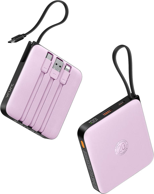 VRURC Portable Charger 10000mAh Battery Pack, Cell Phone Power Bank-Purple | with Built-in 4 Cables,22.5W Fast Charging,Slim,Travel Essentials,for iPhone 17/16/15 Series, Samsung Android Series