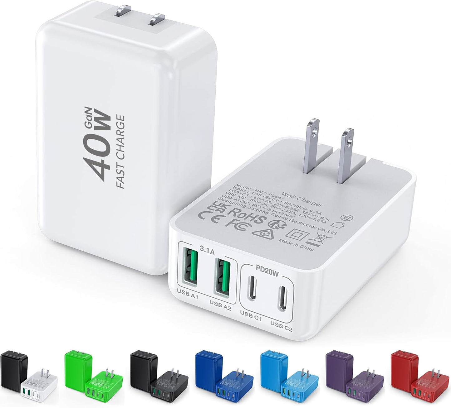 2Pack Flat USB C Wall Charger,40W 4Ports Foldable & Slim Fast Charging Block,Type C Cube Box Multiport Power Adapter Plug Brick Compatible with iPhone 17/16/15/14,Samsung,Pixel, AirPods4,Watch10
