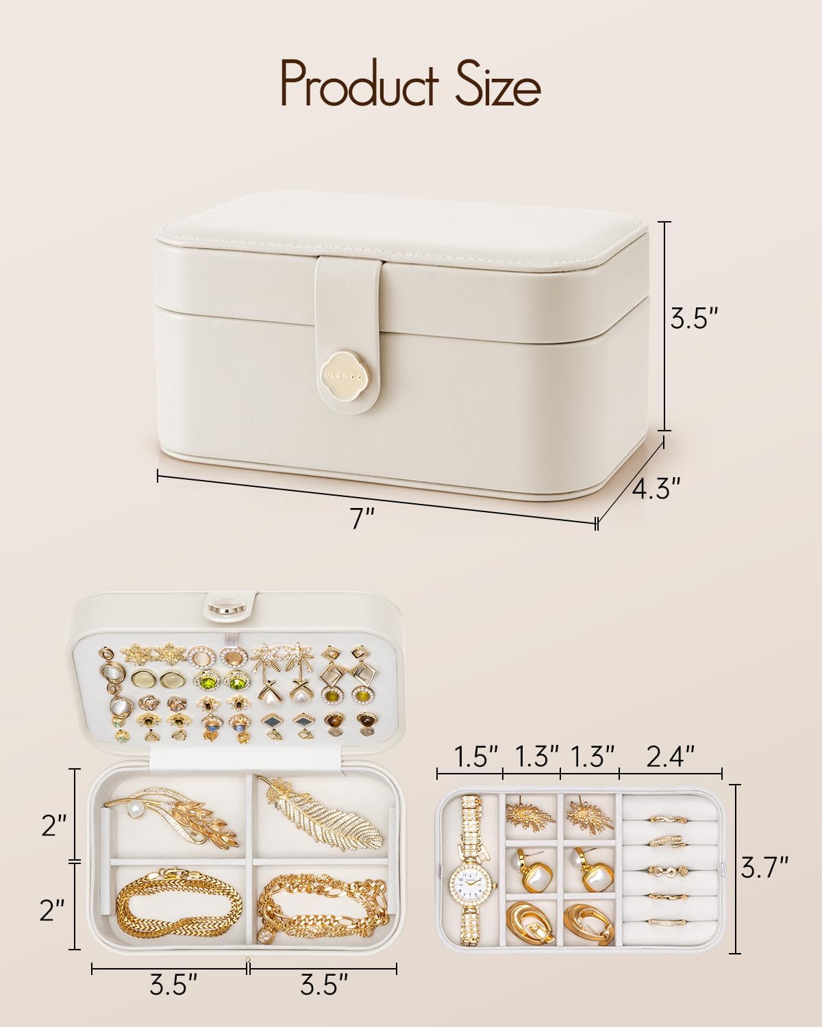 VLANDO Travel Jewelry Case, 2-Layer Jewelry Box, Portabel Travel Organizer for Necklaces, Earring, Bracelets, Ring, Watch - Large Capacity Travel Jewelry Storage - Cloud White