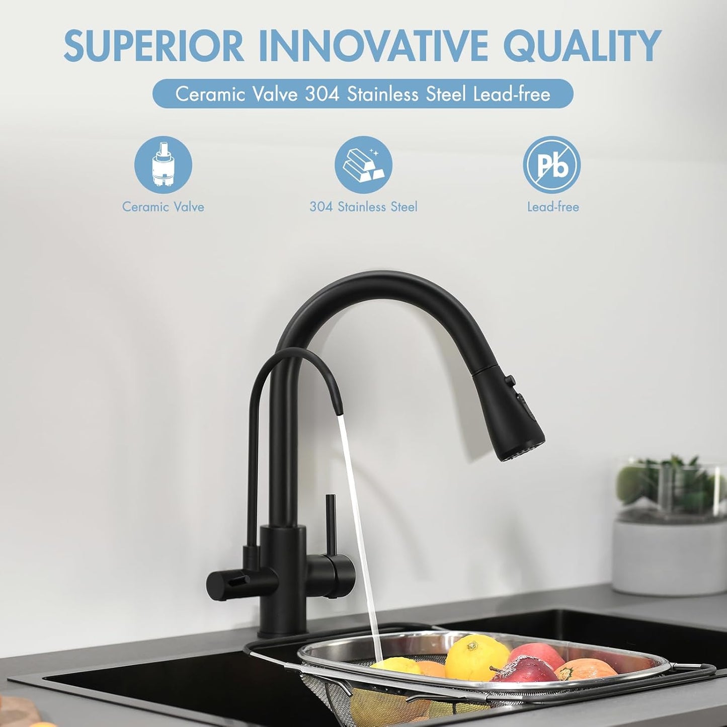 GIMILI 3 in 1 Black Kitchen Faucet with Under Sink Water Filter System, Reduces Lead, Chlorine, Bad Taste & Odor, Kitchen Sink Faucet with Drinking Water Faucet