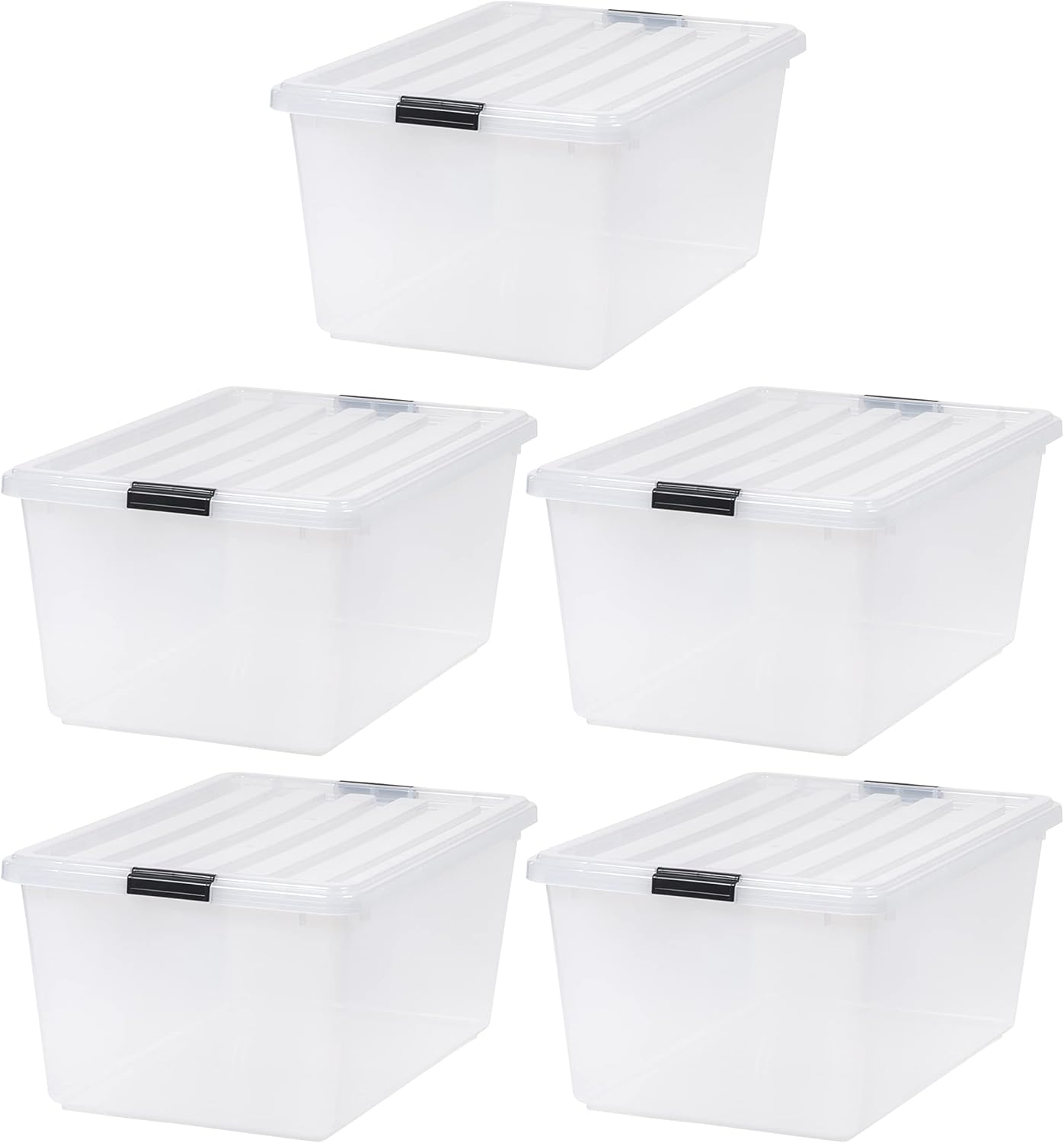 IRIS USA 68 Quart / 17 Gal. Stackable Plastic Storage Bins with Lids and Latch Buckles, 5 Pack - Pearl, Large Containers for Home and Office Ultra Organization, Durable Nestable Tote Box Tub