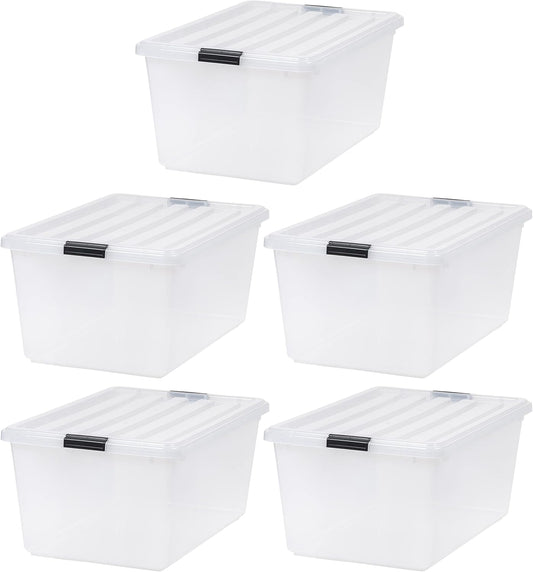 IRIS USA 68 Quart / 17 Gal. Stackable Plastic Storage Bins with Lids and Latch Buckles, 5 Pack - Pearl, Large Containers for Home and Office Ultra Organization, Durable Nestable Tote Box Tub