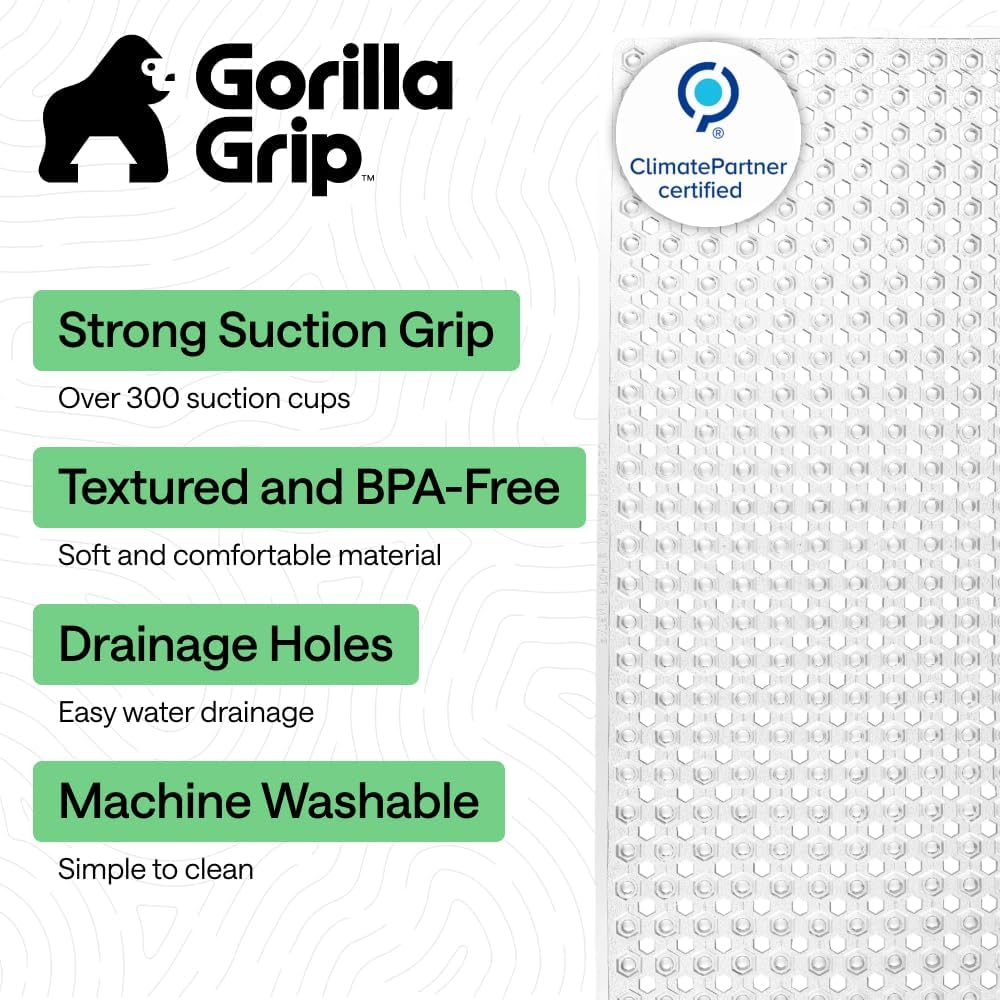 GORILLA GRIP Patented Bath Tub Shower Mat, Machine Washable Bathtub Floor Liner Mats, Suction Cups and Drain Holes to Keep Tubs Clean, Soft on Feet, Bathroom Essentials, 35x16 Inch, Clear