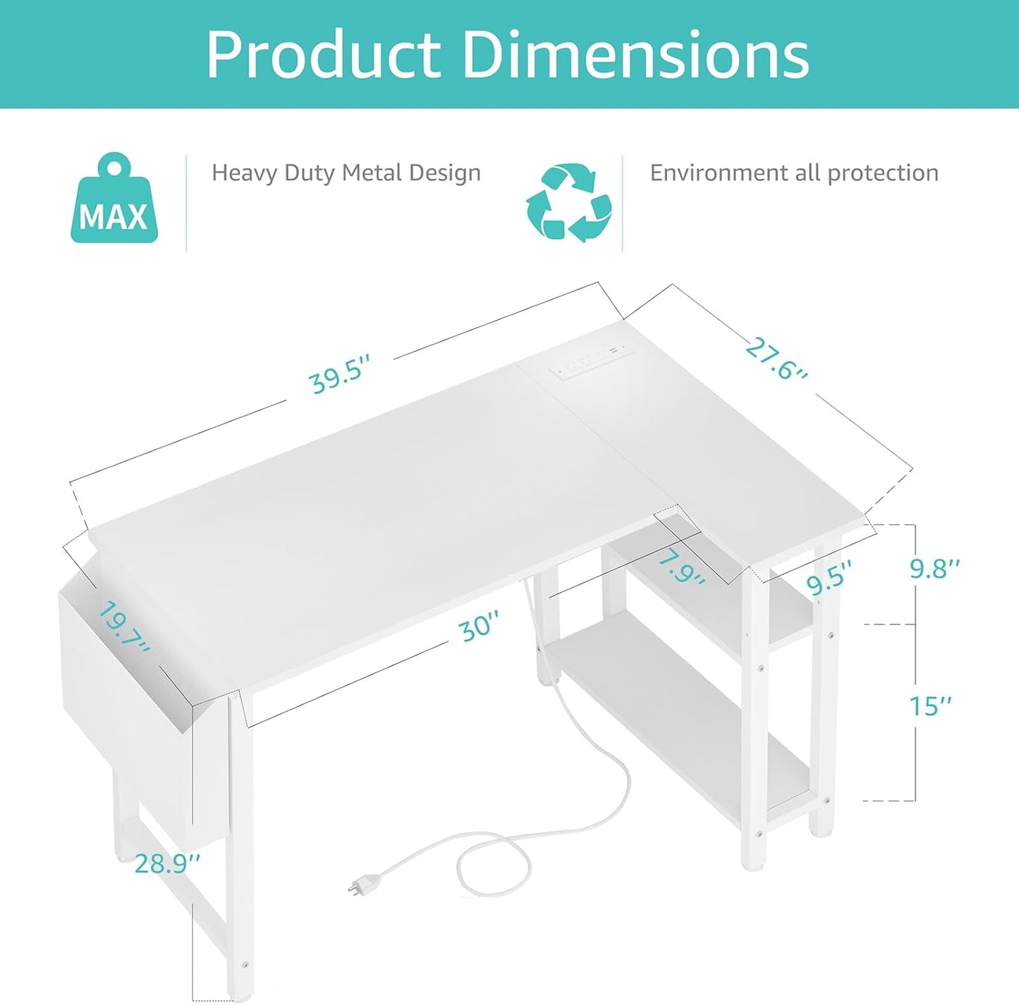 Lufeiya White L Shaped Computer Desk with Power Outlet Shelves, 40 Inch Small Reversible Corner Desk for Small Space Home Office, L-Shaped Desk PC Desks, White