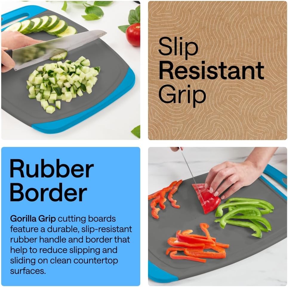 GORILLA GRIP BPA-Free Reversible Kitchen Cutting Board Set of 3, US Designed, Nonporous, Juice Grooves Catch Liquid, Slip Resistant Border, Dishwasher Safe, Durable Food Chopping Boards, Gray Aqua