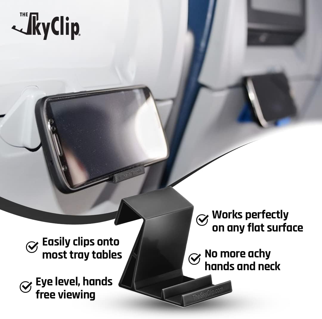 The SkyClip Airplane Cell Phone Back of Seat Inflight Tray Table Clip and Sturdy Phone Stand, Compatible with iPhone, Android, Tablets, and Readers, Travel Must Have (Black 2 Pack)