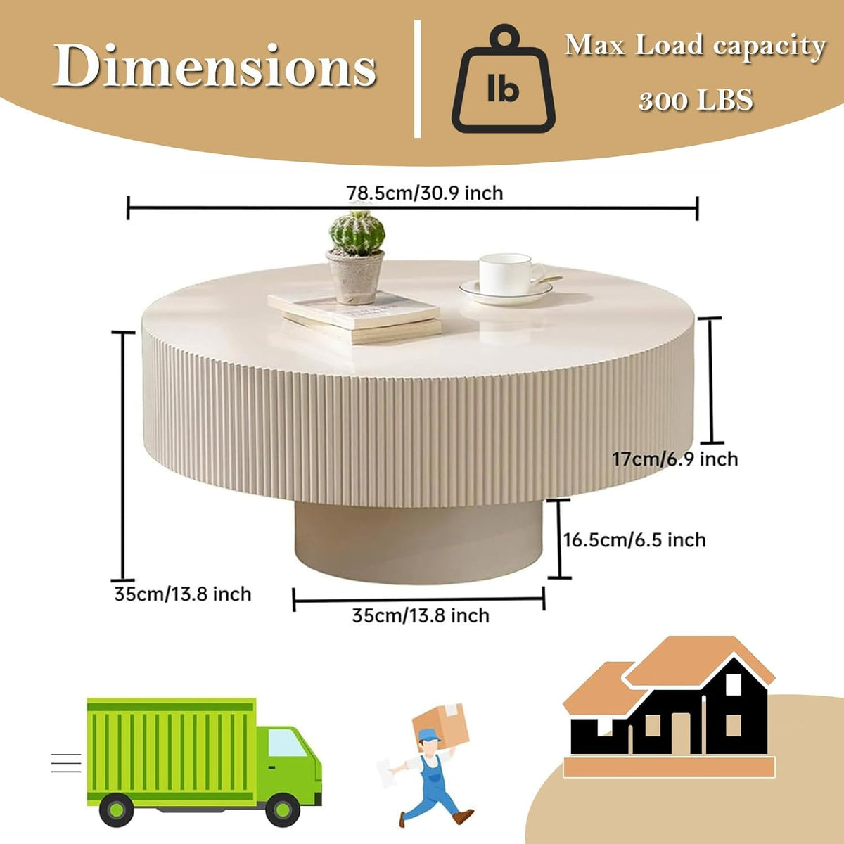 30.9" Cream Rustic Drum Round Coffee Table (C30.9in)