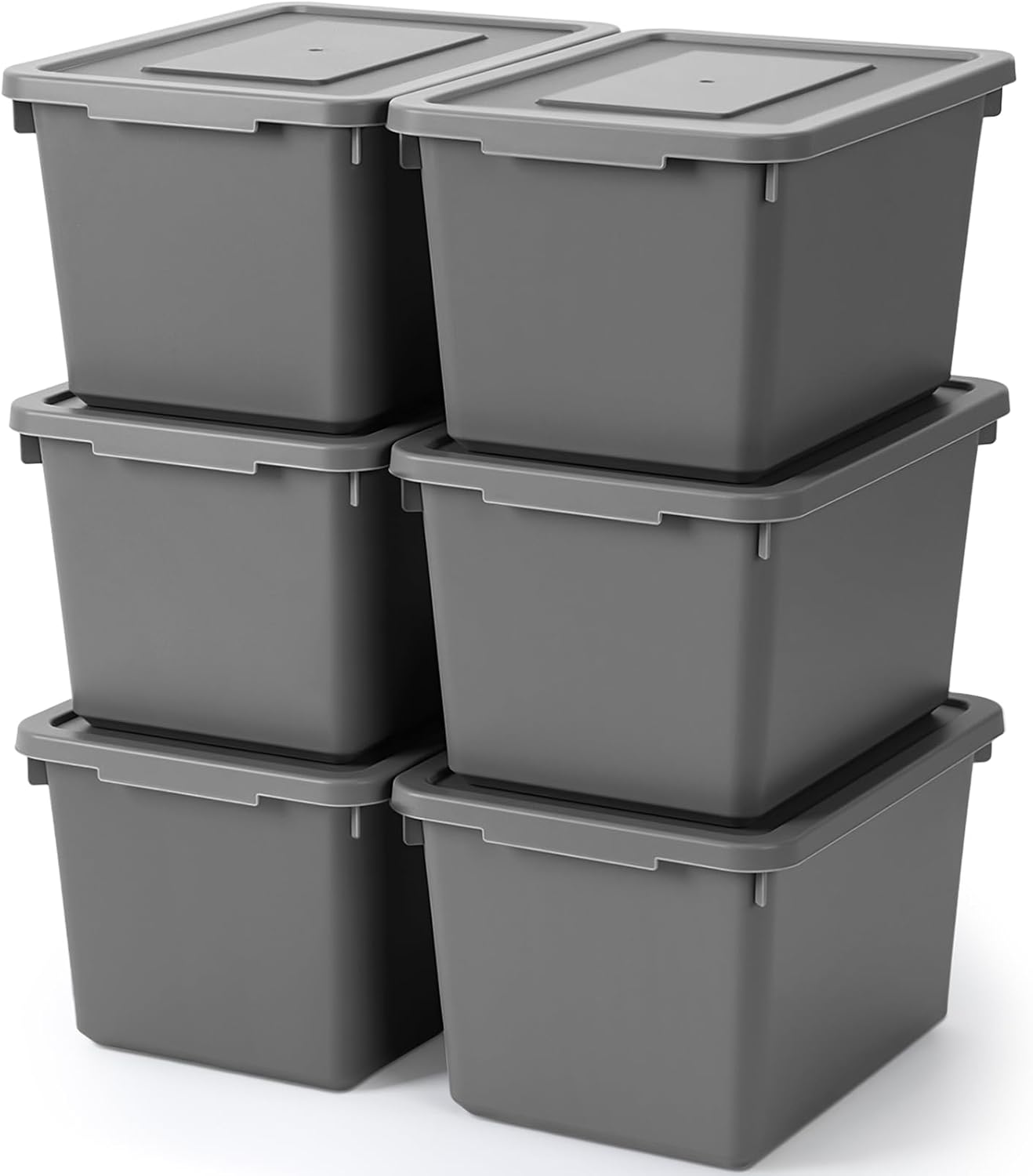 Potchen 6 Pcs Pack Small Stackable Storage Bins with Lids Plastic Storage Boxes for Classroom 9.8" ×7.3" ×5.7" Decorative Organizer Bins for Craft Art Office Teacher Supplies (Grey)