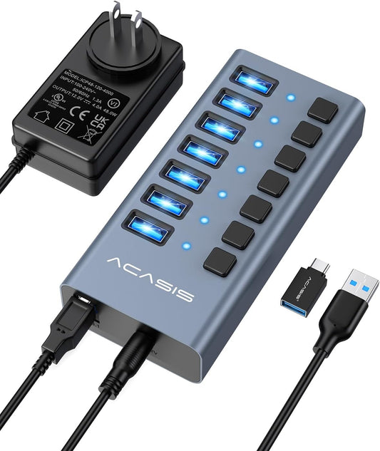 ACASIS Powered 7 Ports USB 3.2 Hub, 10Gbps Data Transfer, 24W Adapter