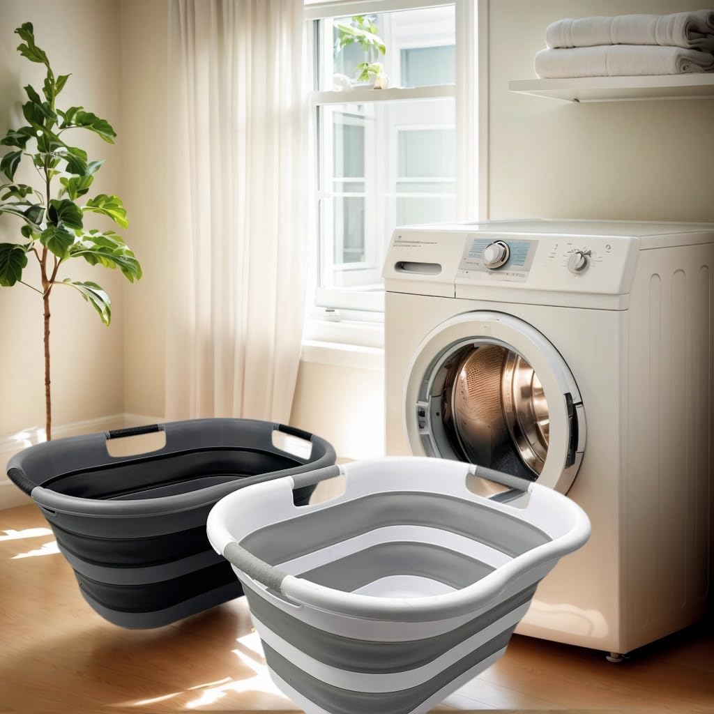 SAMMART 40L (10.5 Gallon) Collapsible Plastic Laundry Basket - Space Saving Storage Container/Organizer - Portable Washing Tub - Foldable Pop Up Hamper/Basket (2, Grey+ Black)