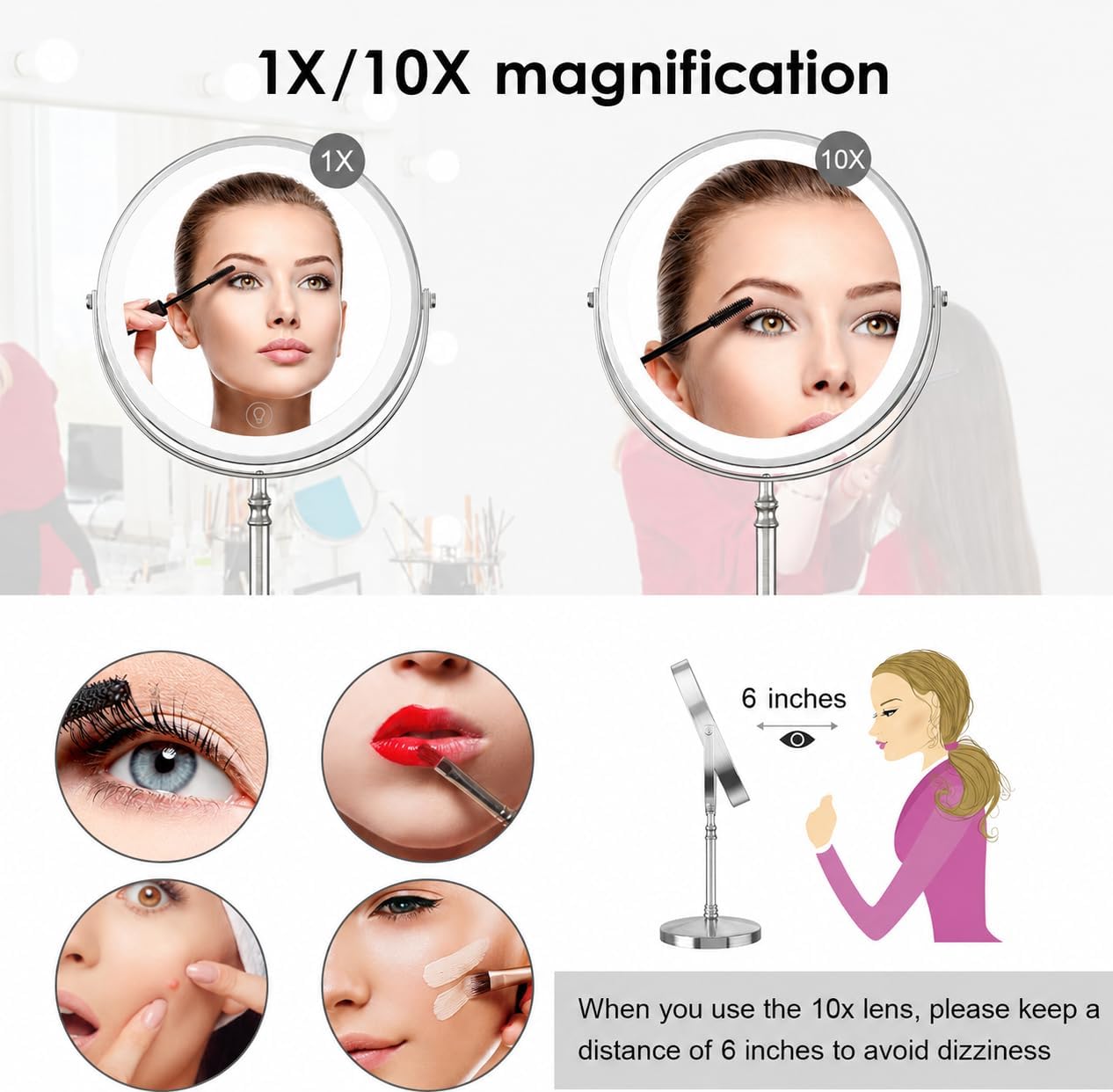 DEIOVWXS Makeup Mirror, 3000mAh Rechargeable Double-Sided Magnifying Vanity Mirror with 3 Colors, 1X/10X, Adjustable Brightness, Gift for Mom, Mothers Day, Women, Wife, Girls, Dorm Room Essential