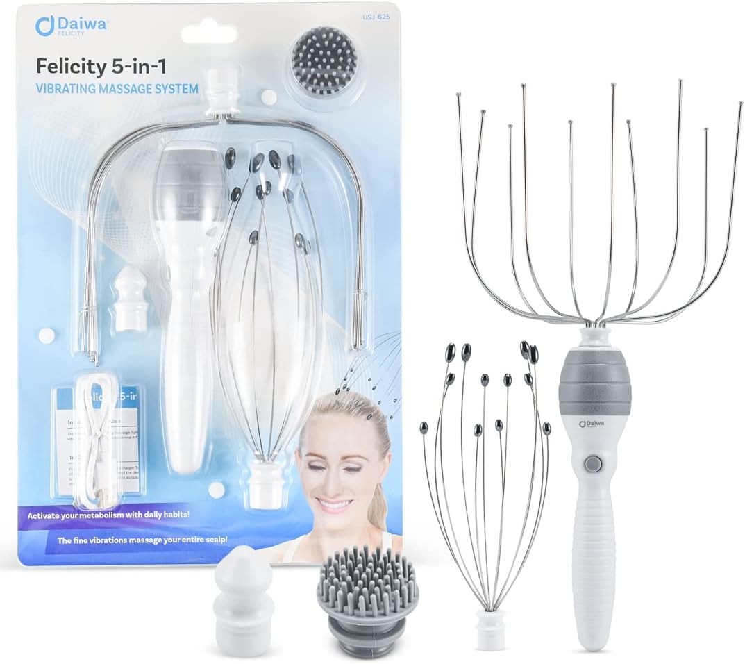 Daiwa Felicity 5-in-1 Electric Scalp Massager for Head, Face & Body – Handheld Vibrating Massager with Magnetic, Shiatsu & Facial Attachments for Relaxation, Stress Relief & Circulation Support