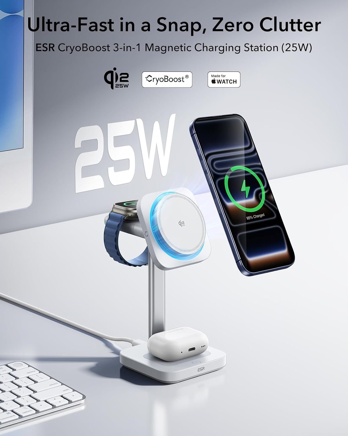 ESR 3 in 1 Charging Station, Qi2.2 Certified for iPhone 17/16 with iOS 26 | 25W MagSafe Charger Stand w/Cryoboost, Phone Cooling Wireless Charger, for AirPods & Apple Watch, Fast Charging Dock, White