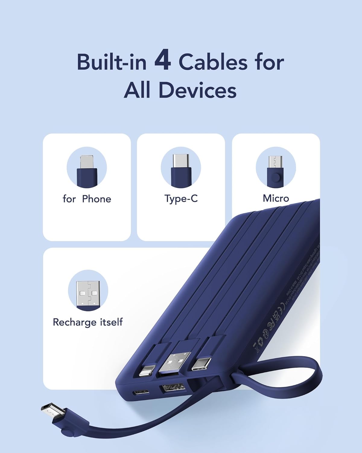 VRURC Portable Charger, Built in 4 Cables & Lanyard Power Bank 10000mAh, Compact USB C Phone Charging Bank 5 Outputs for Multi Devices,Travel Essential for Hiking Camping Business-Navy(1 Pack)